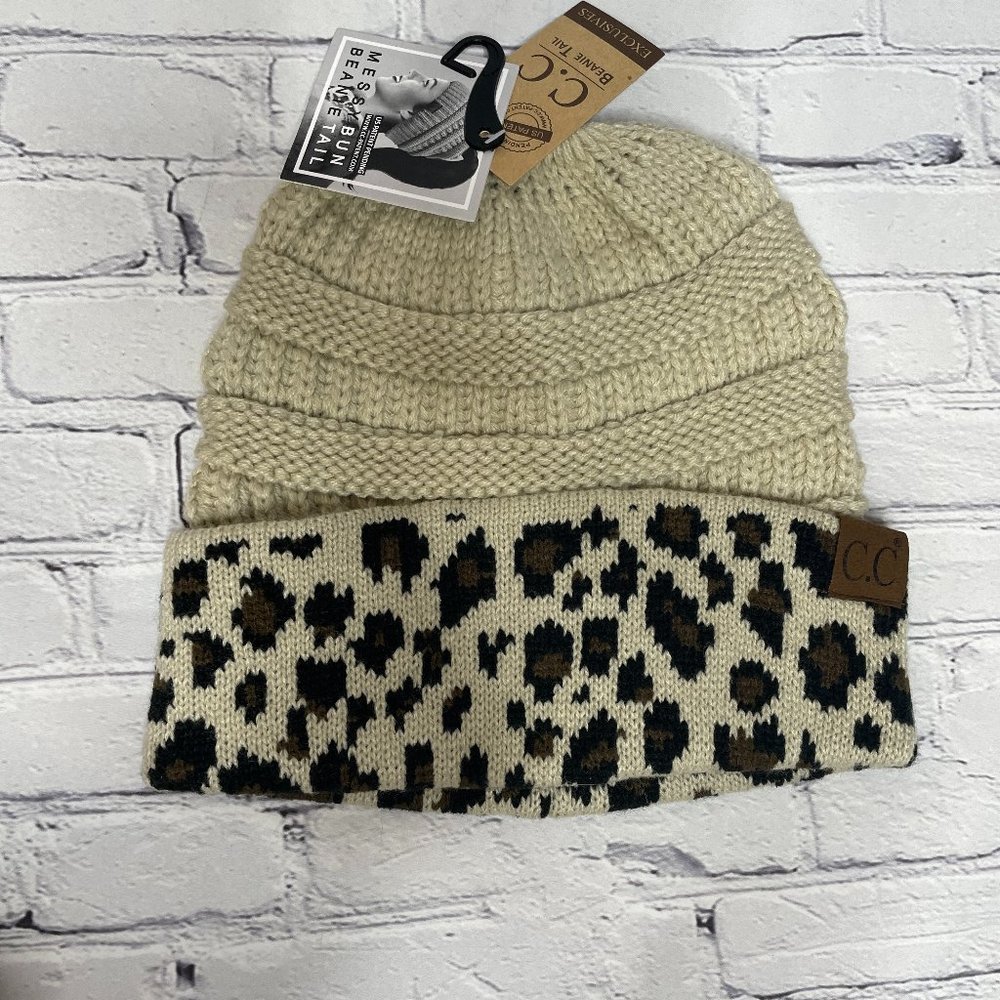 Women's C.C. Beanie Tail Messy Bun Ponytail Leopard Cream Hat OS Winter Gear